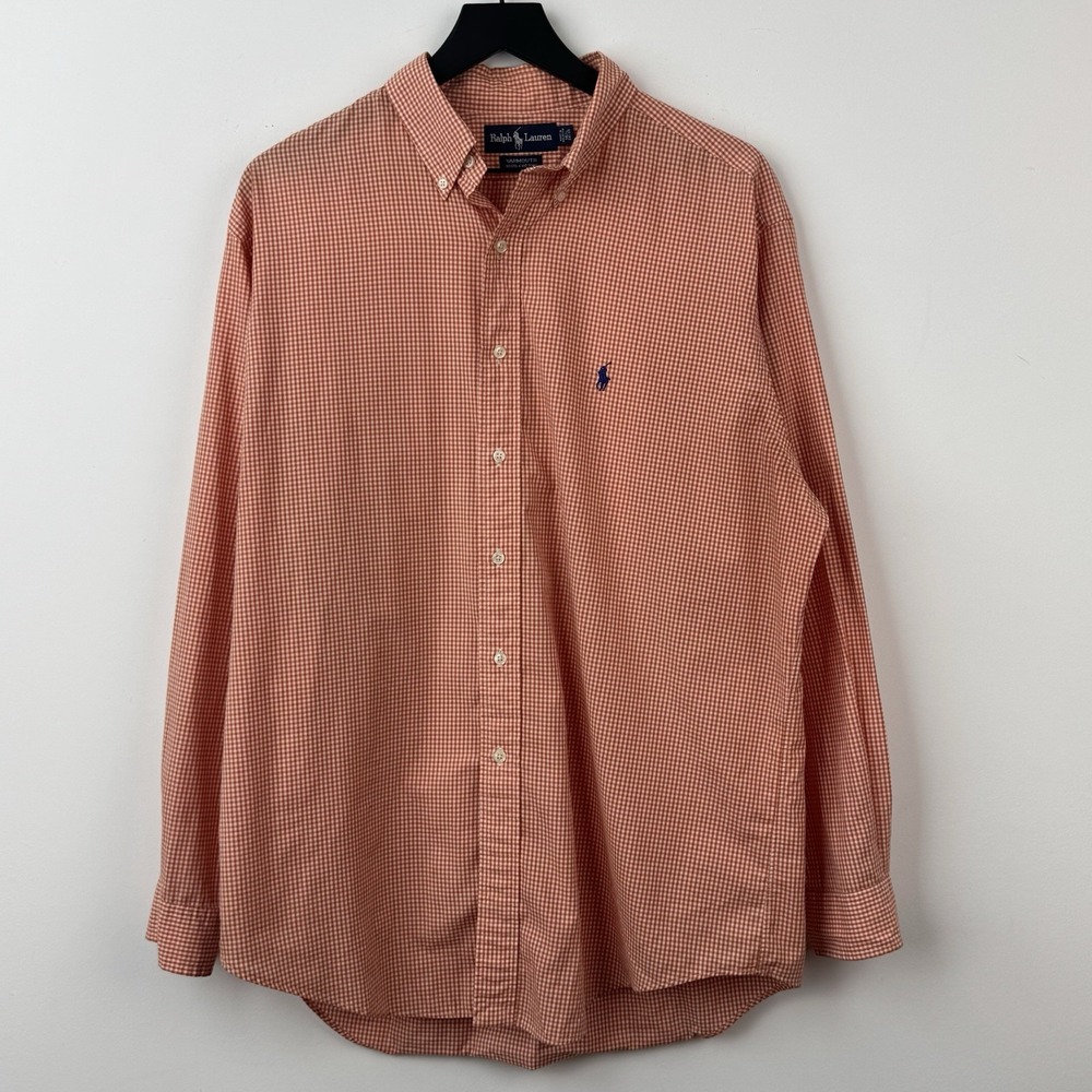 VTG Ralph Lauren Button Down Shirt Mens L 34 Orange Plaid Yarmouth Long Sleeve